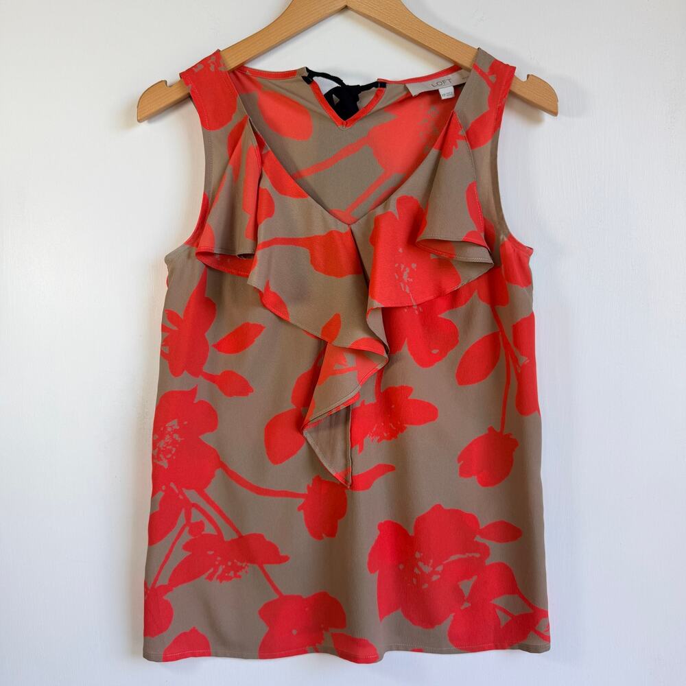 Loft XS Tan Orange Floral Ruffle V-Neck Sleeveless Office Casual Spring Blouse - Picture 2 of 10